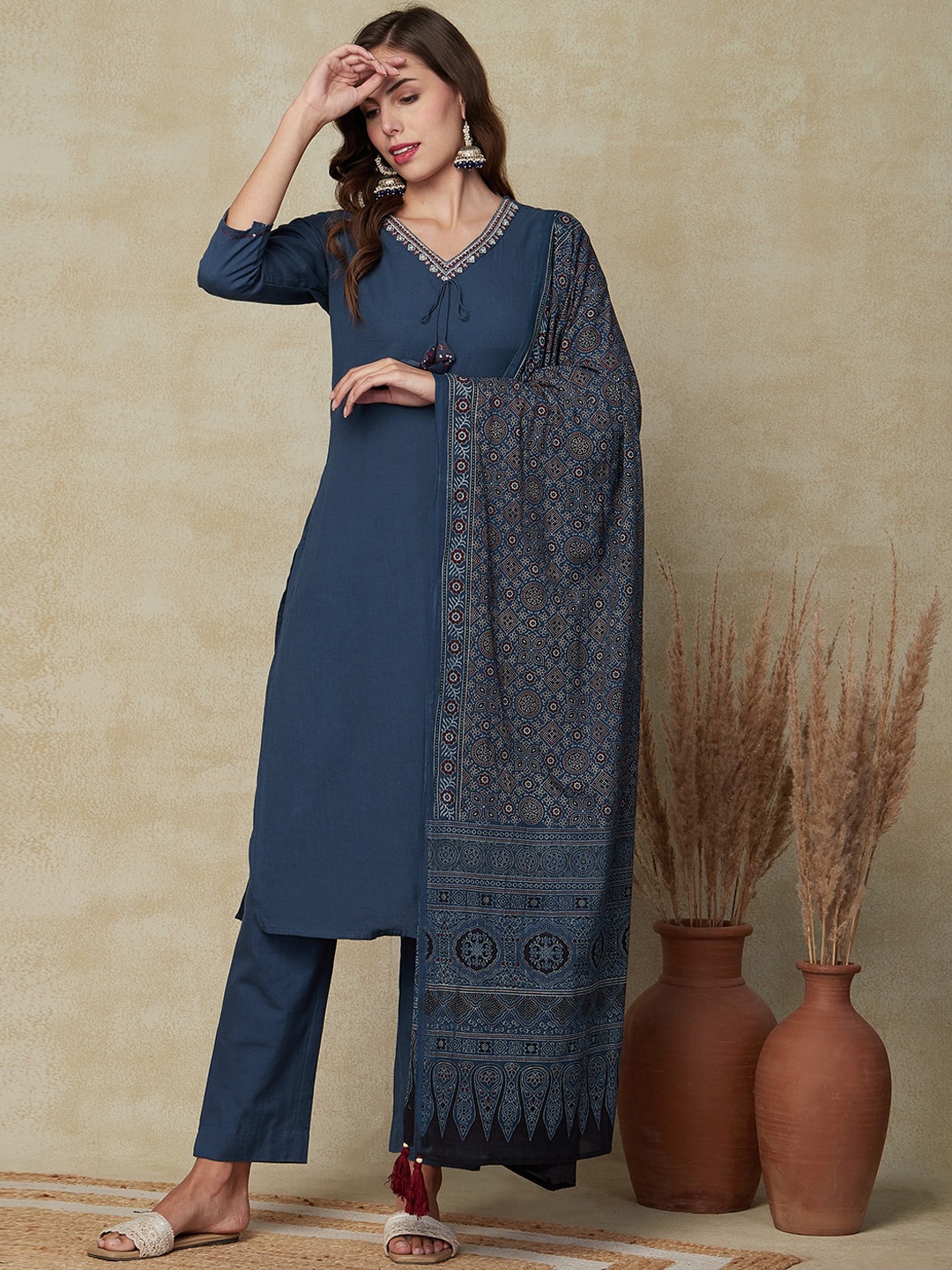 

FASHOR Teal & White Floral Embroidered V-Neck Pure Cotton Kurta With Trousers & Dupatta