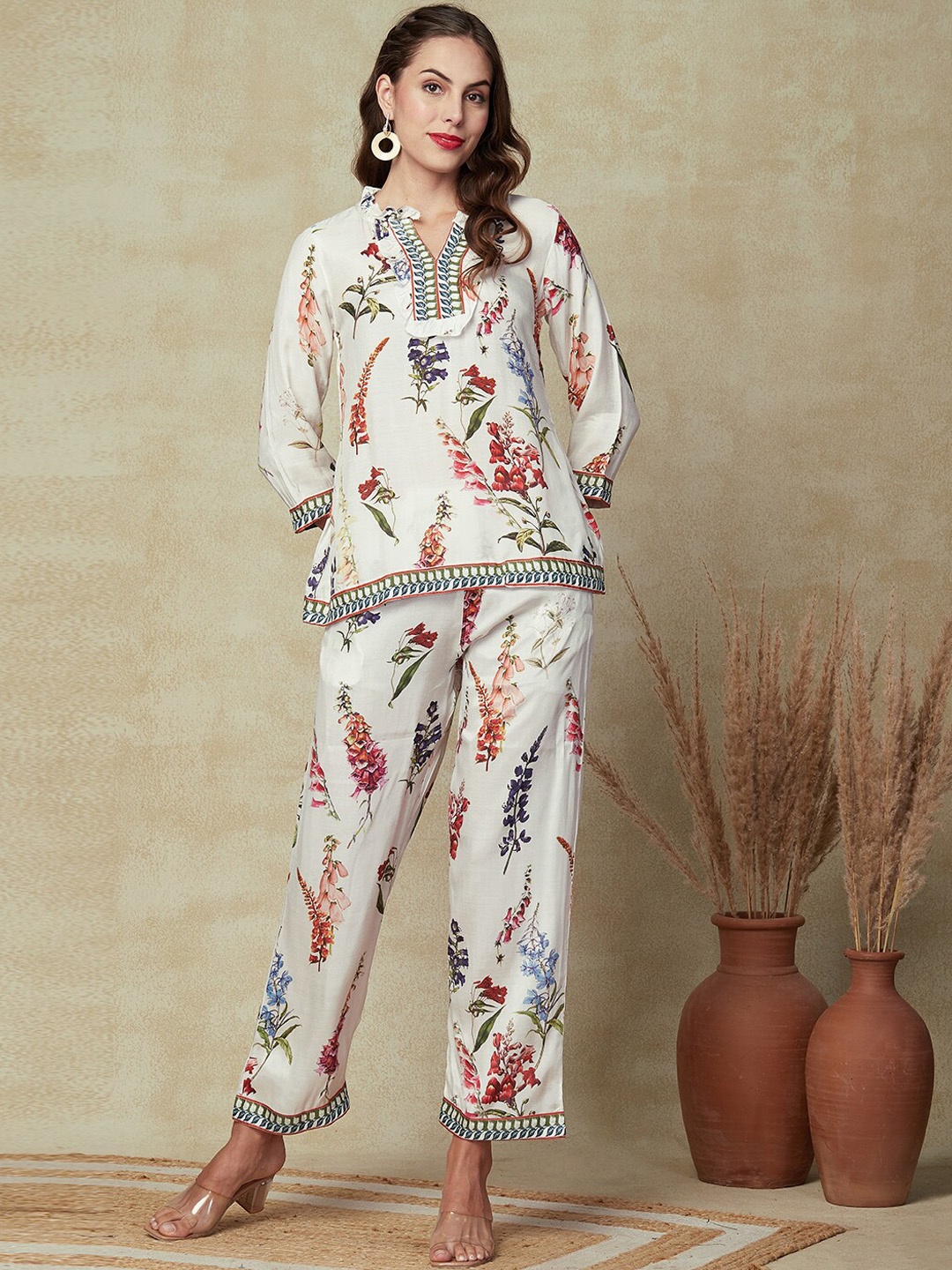 

FASHOR Floral Printed Tunic & Trousers Co-Ord Set, White