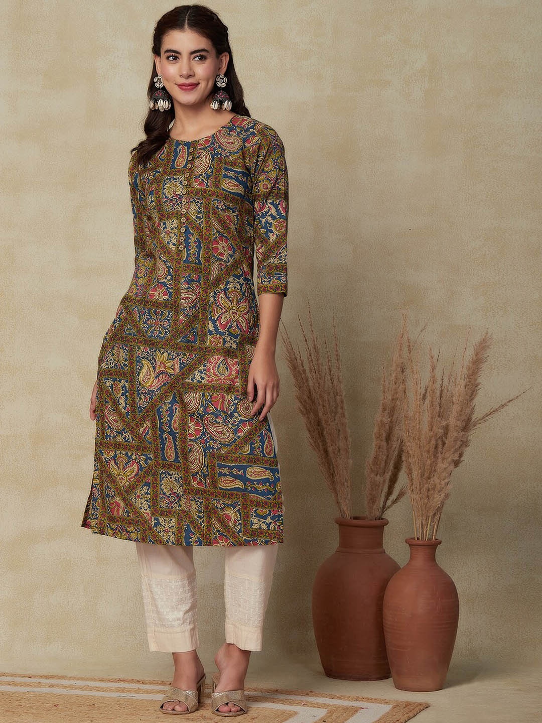 

FASHOR Ethnic Motif Printed Cotton Straight Kurta, Blue