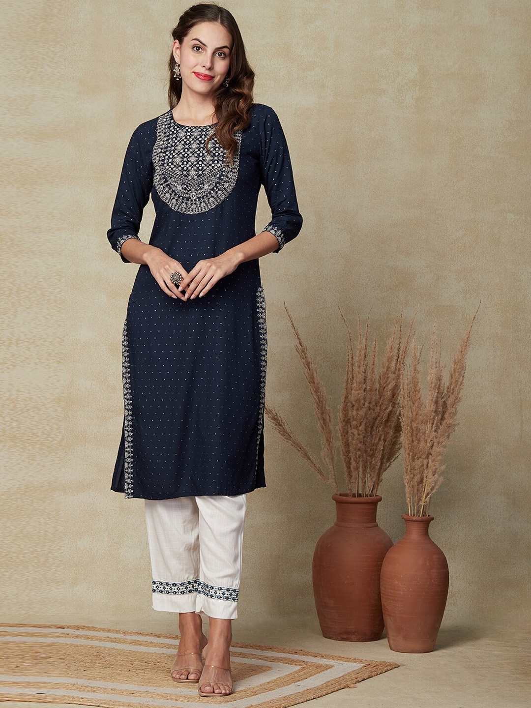 

FASHOR Polka Dots Foil Printed Sequinned Kurta, Blue