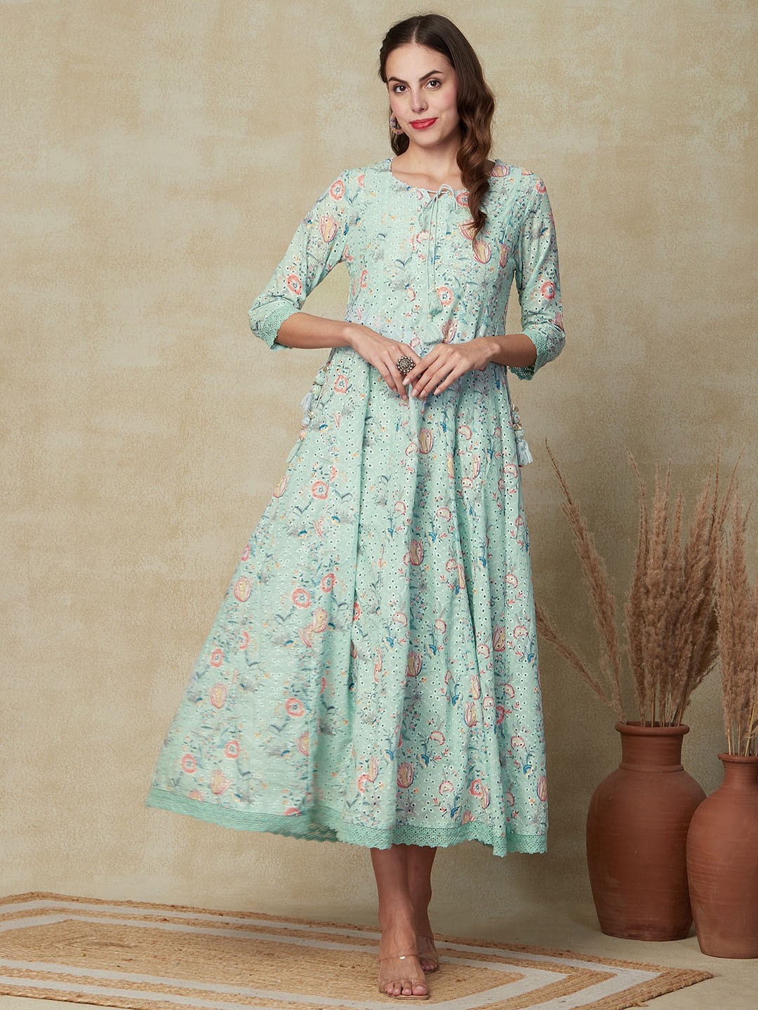 

FASHOR Floral Printed Tie-Up Neck Gathered Cotton A-Line Midi Dress, Sea green