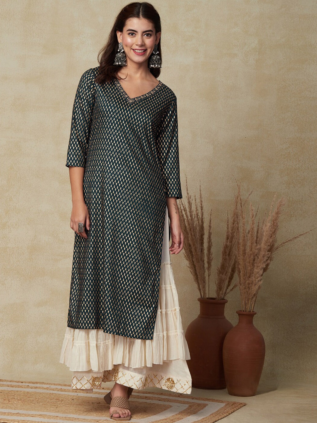 

FASHOR Ethnic Motifs Printed Kurta, Green