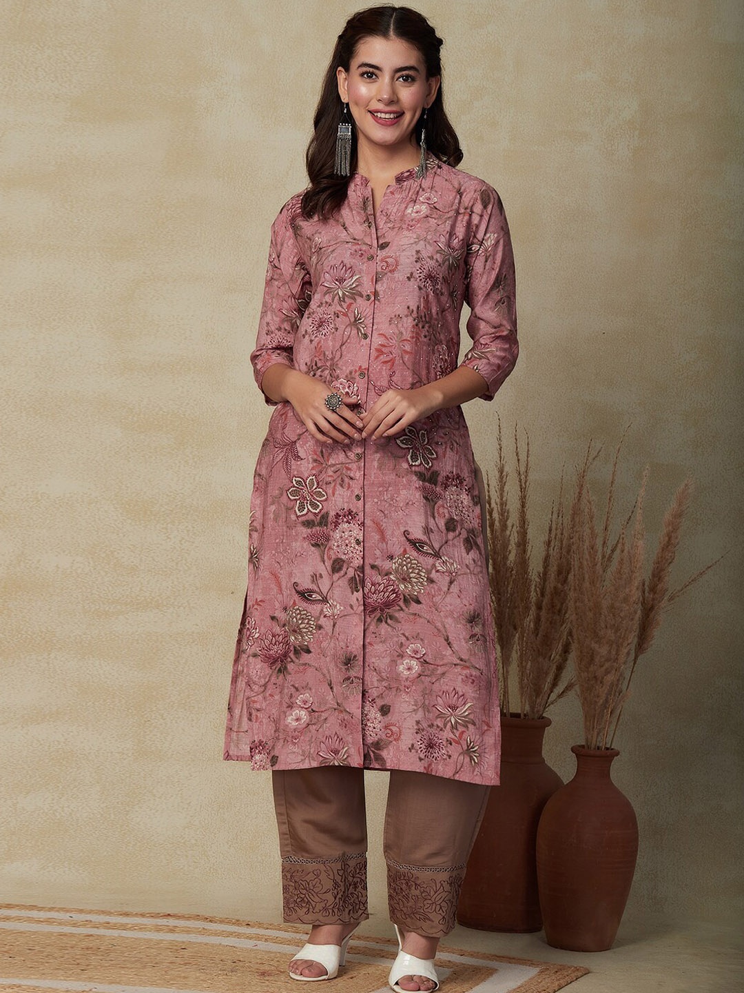 

FASHOR Floral Printed Kurta, Pink