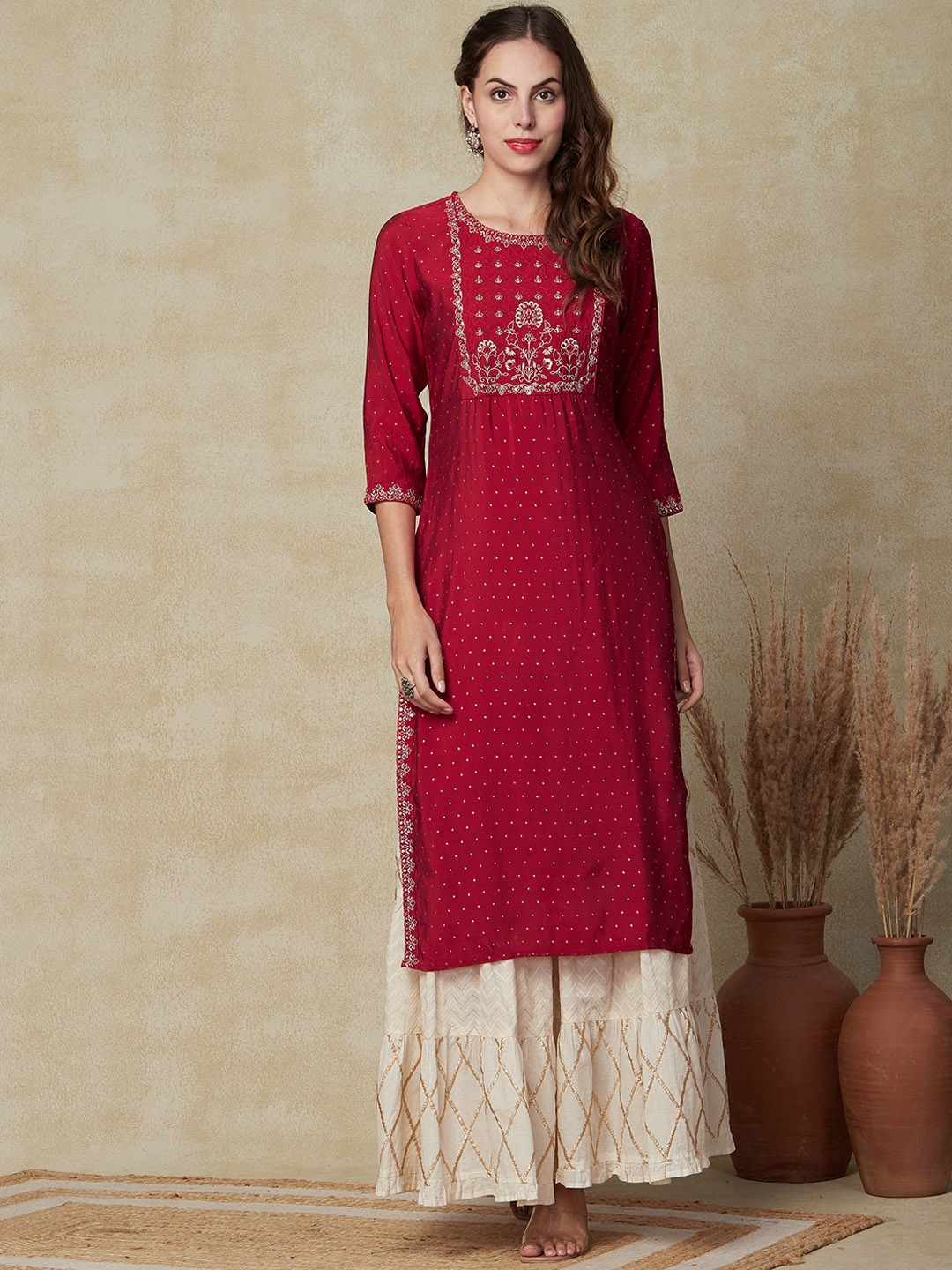 

FASHOR Polka Dots Foil Printed Thread Work Kurta, Red