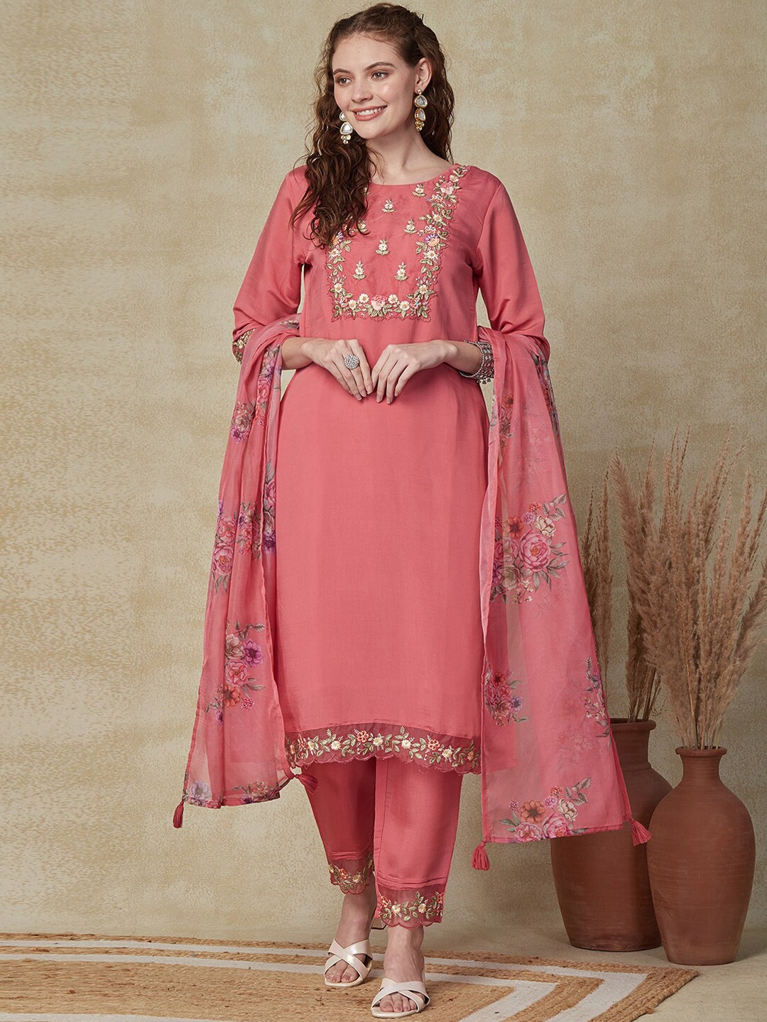 

FASHOR Peach-Coloured Floral Yoke Design Thread Work Kurta With Trouser & Dupatta