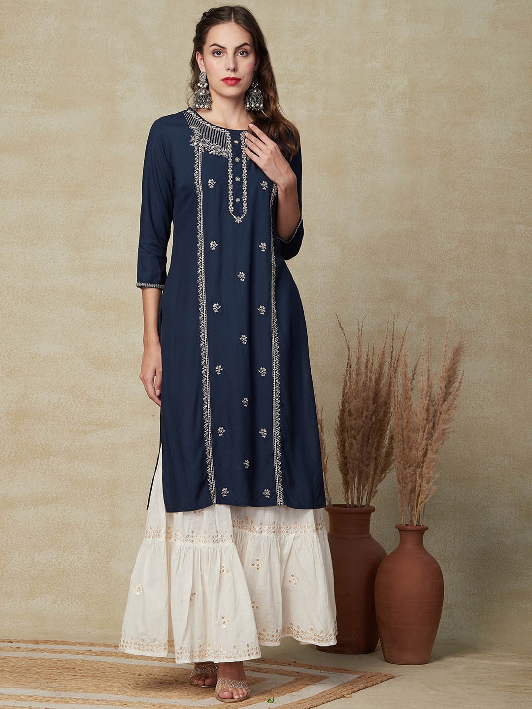 

FASHOR Ethnic Motifs Embroidered Kurta, Teal