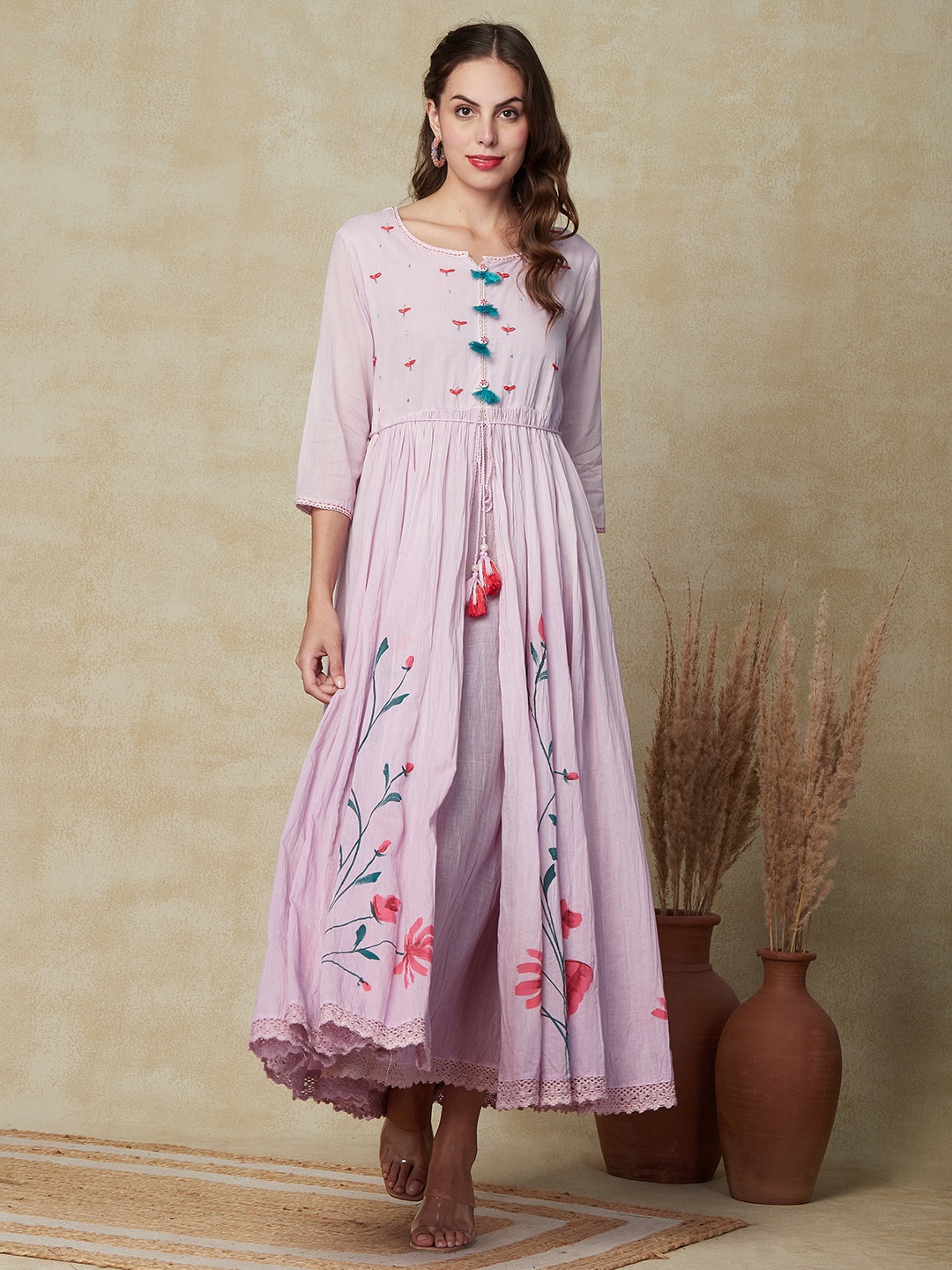 

FASHOR Floral Embroidered Round Neck Gathered Cotton Fit & Flare Dress, Purple