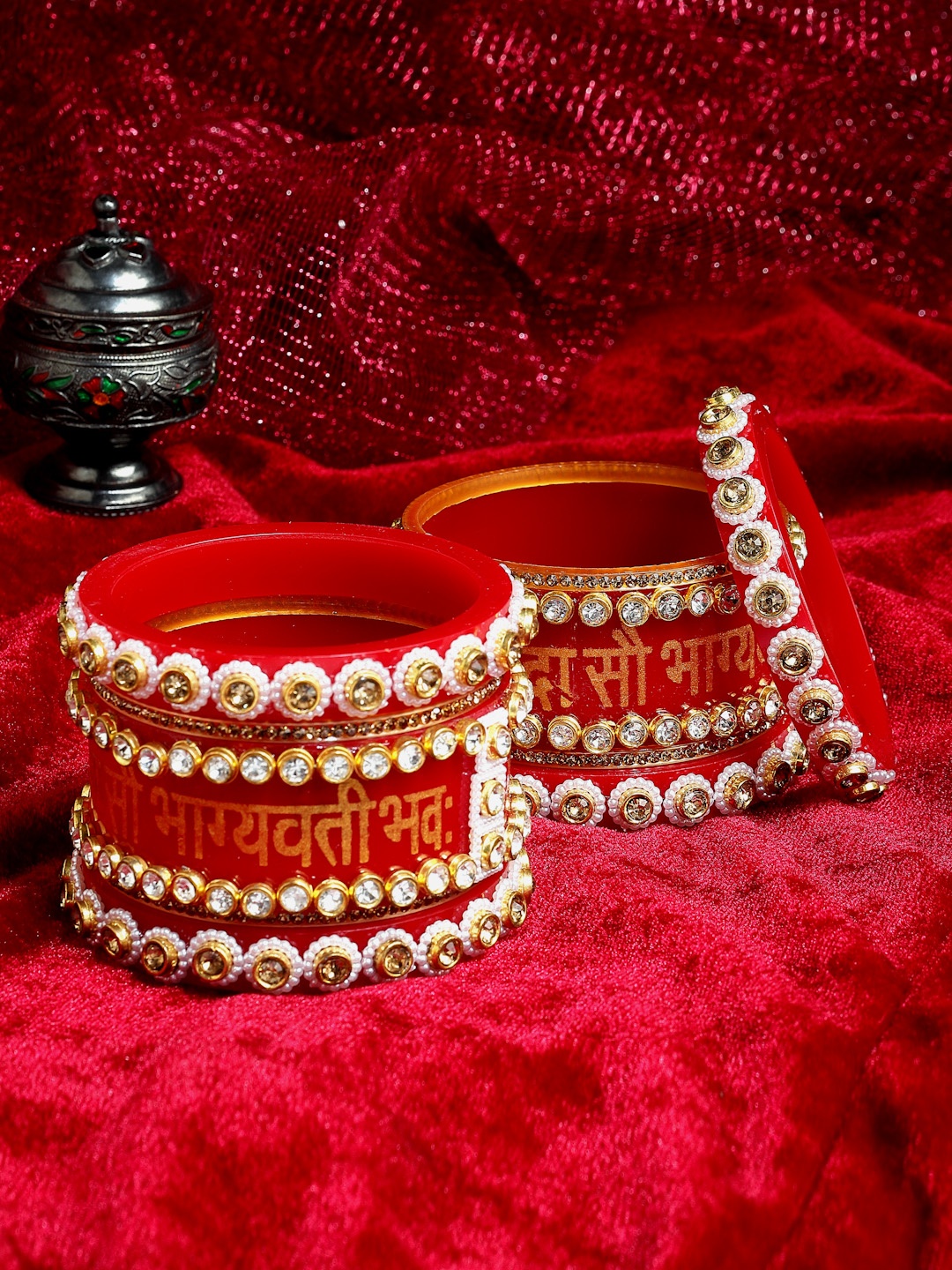 

PANASH Set of 2 Gold-Plated Red CZ Stone-Studded Wedding Chuda Set