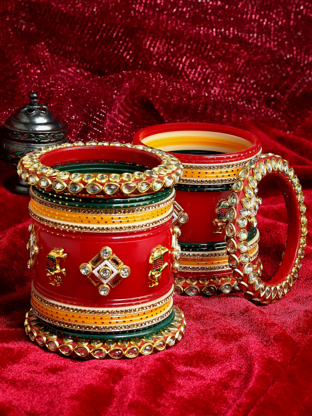 

PANASH Set Of 2 Gold-Plated Red CZ & Pearl Studded Chura Bangle Set