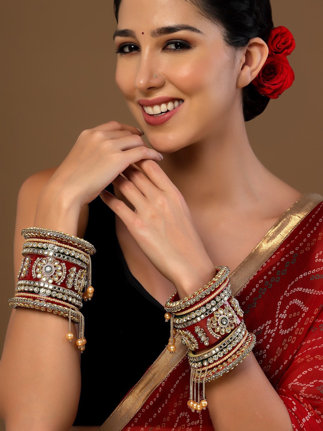 

PANASH Set Of 18 Gold-Plated Stone-Studded & Pearls-Beaded Bangles
