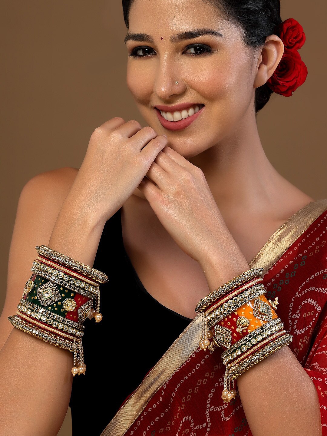 

PANASH Set Of 18 Gold-Plated Stone-Studded & Pearls-Beaded Bangles