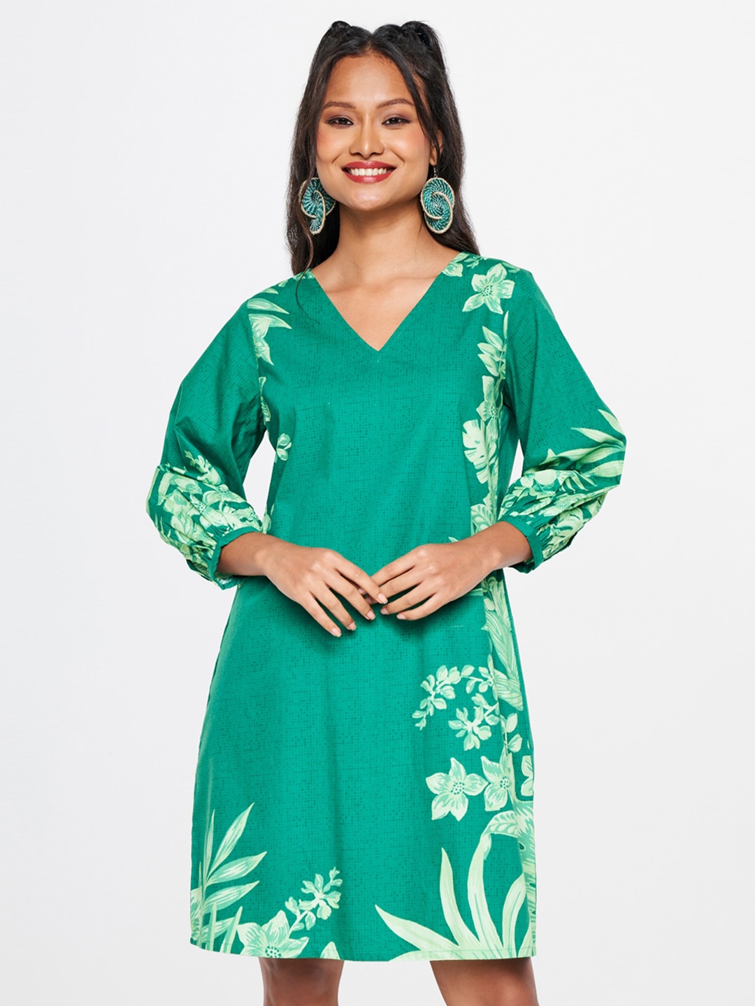 

Global Desi Floral Printed Puff Sleeves Gathered Pure Cotton A-Line Dress, Green