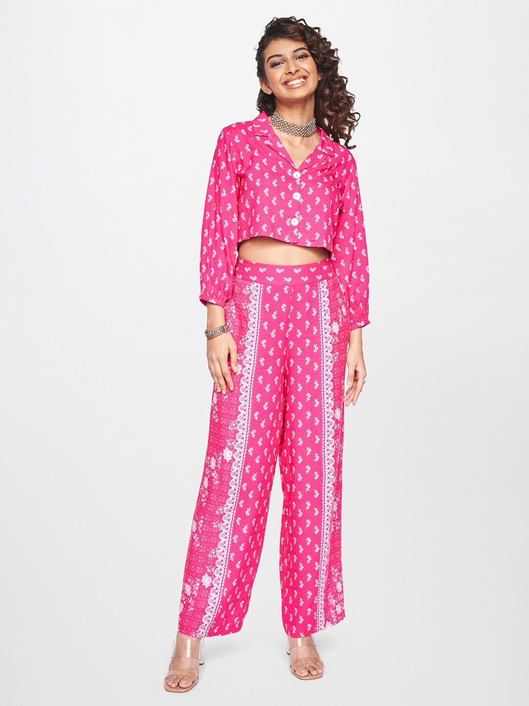 

Global Desi Printed Crop Shirt with Palazzos, Pink