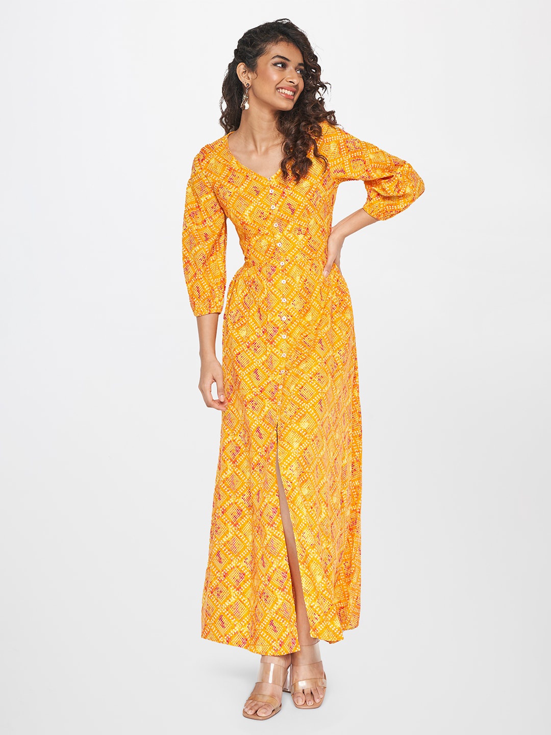 

Global Desi Ethnic Motifs Printed Gathered Maxi Dress, Orange
