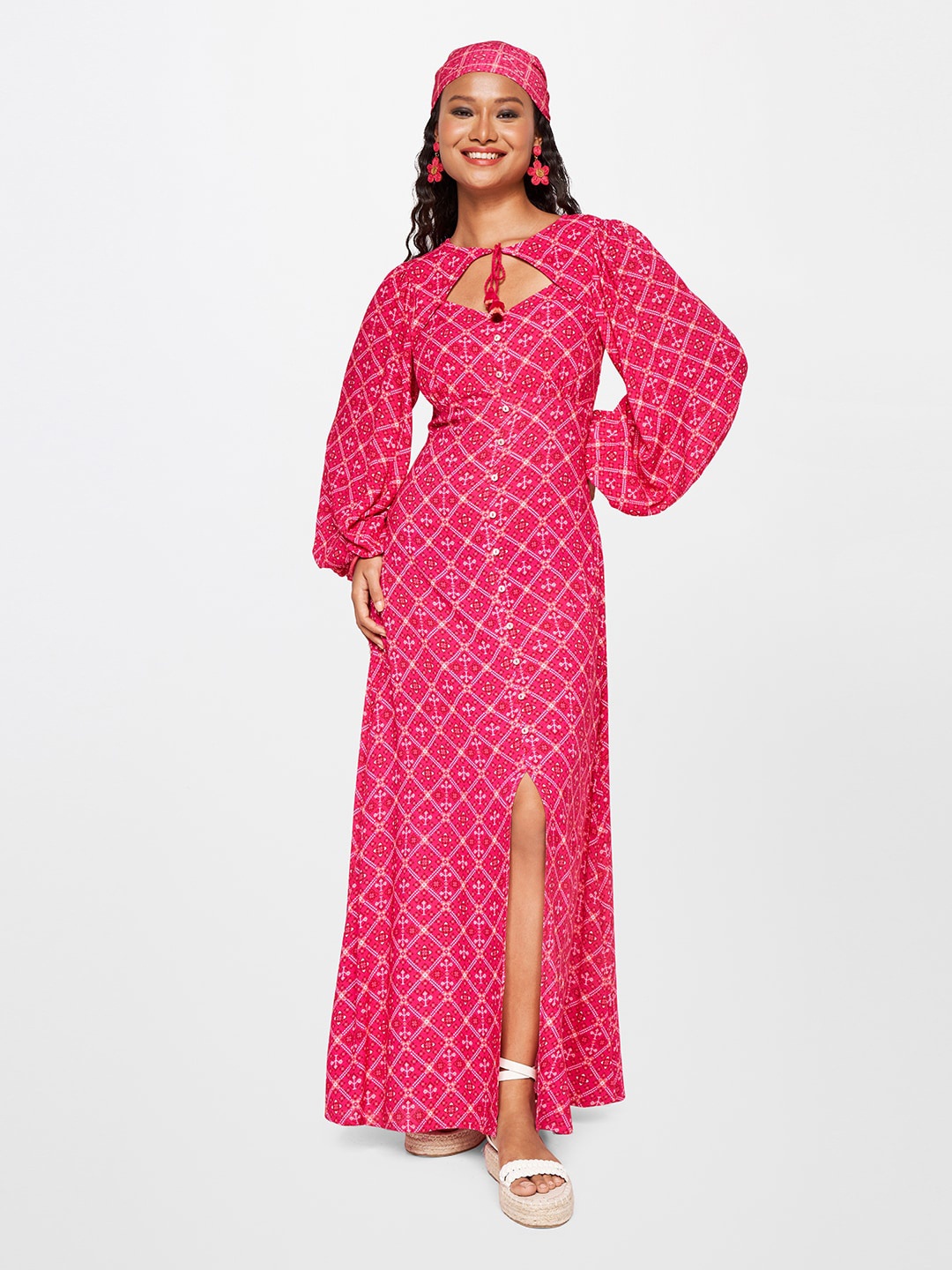 

Global Desi Ethnic Motifs Printed Tie Up Neck Puff Sleeves Maxi Dress, Pink