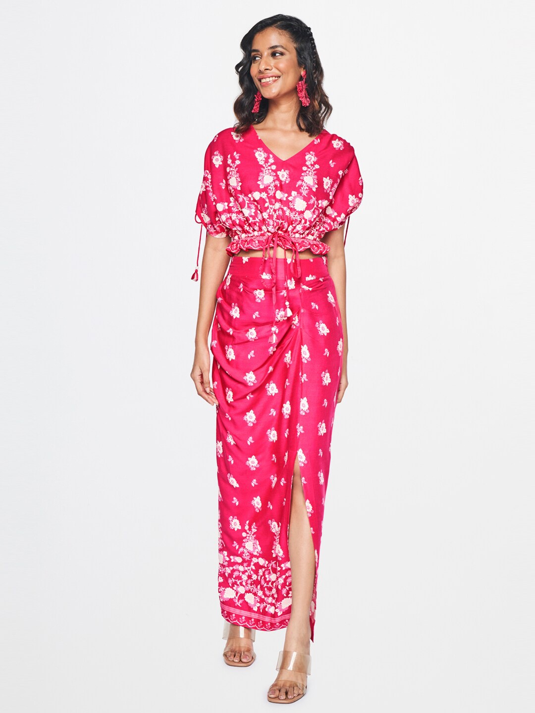 

Global Desi Printed V-Neck Top & Skirt, Pink