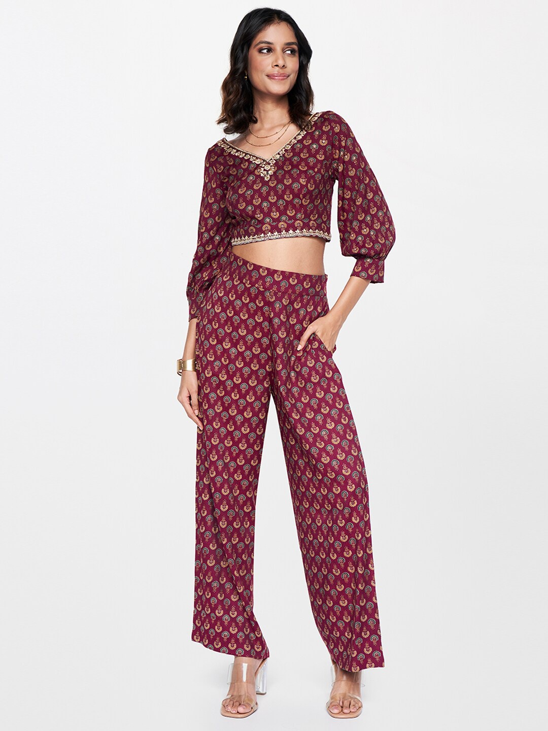 

Global Desi Printed V-Neck Top & Palazzos, Maroon