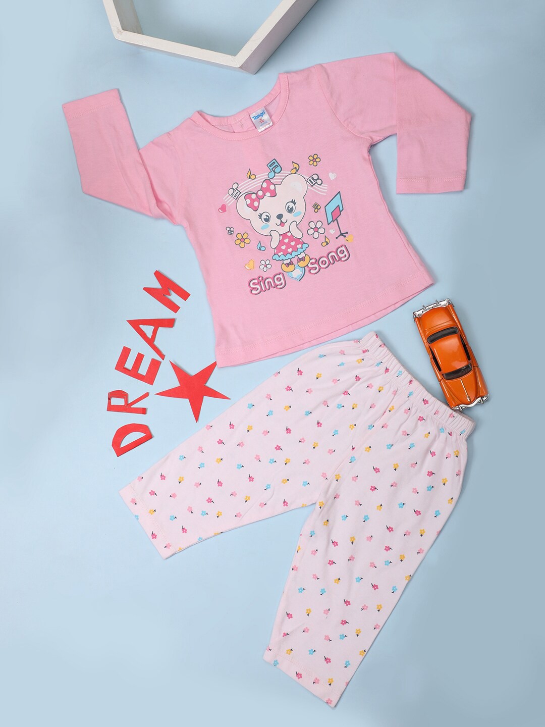

V-Mart Infants Kids Graphic Printed Pure Cotton T-shirt with Pyjamas, Pink