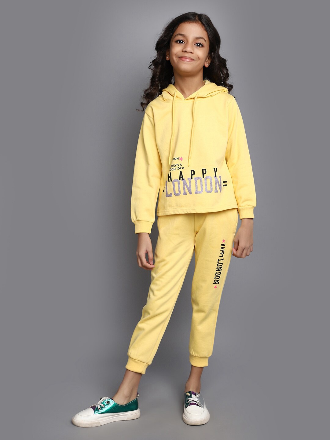 

V-Mart Girls Printed Hooded Pure Cotton T-shirt with Trousers, Yellow