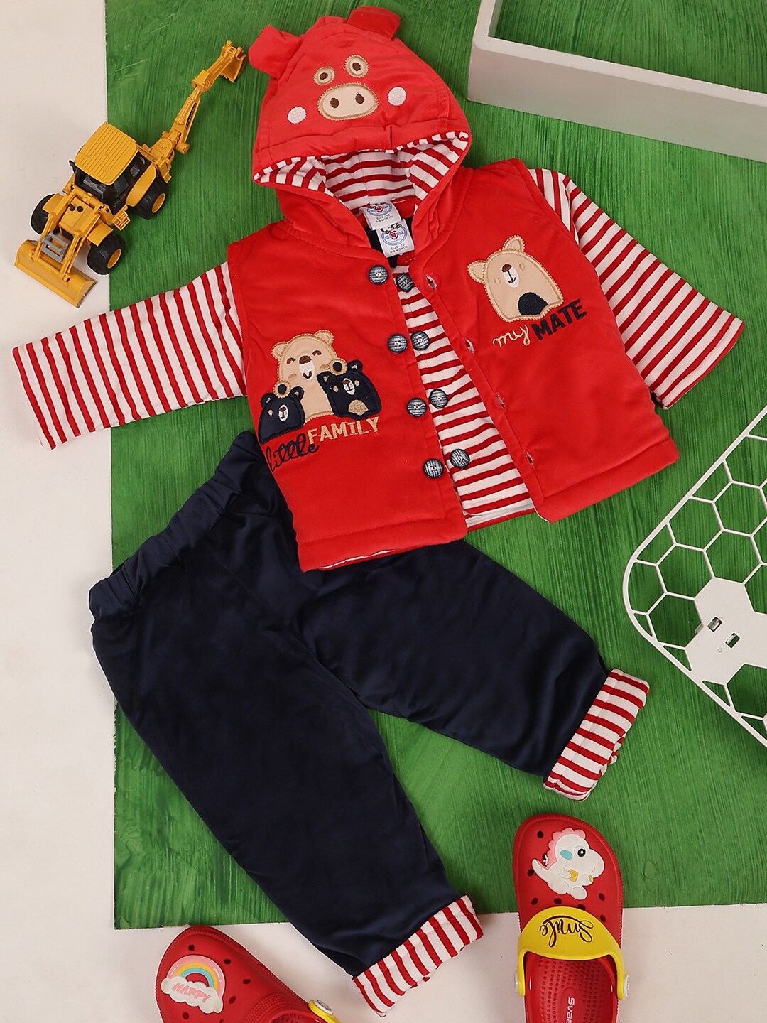 

V-Mart Infants Kids Printed Hooded Pure Cotton T-shirt and Shirt with Trousers, Red