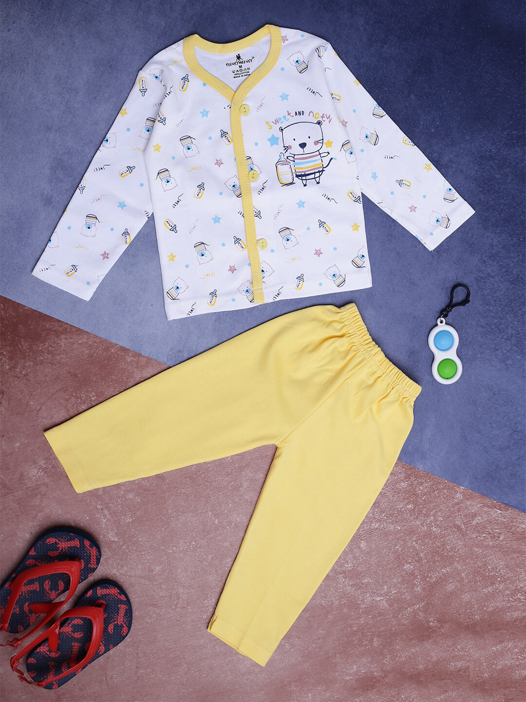 

V-Mart Kids Printed V-Neck Long Sleeve Pure Cotton Shirt With Trousers, Yellow