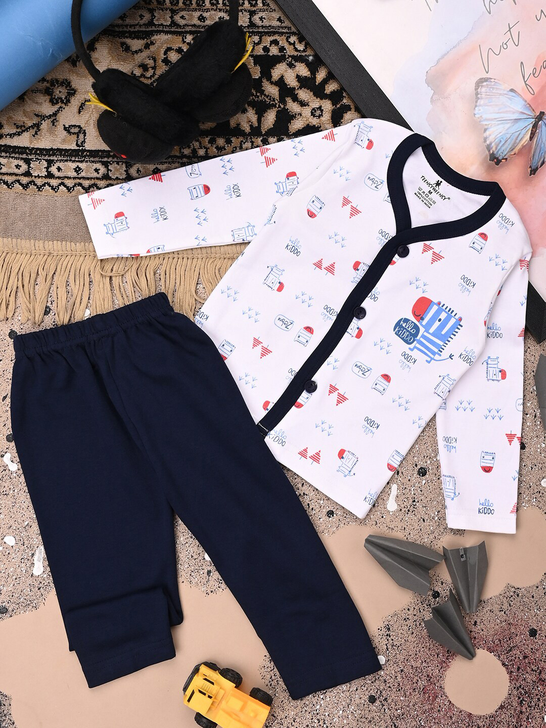 

V-Mart Infants Kids Graphic Printed Pure Cotton Shirt with Trousers, Blue