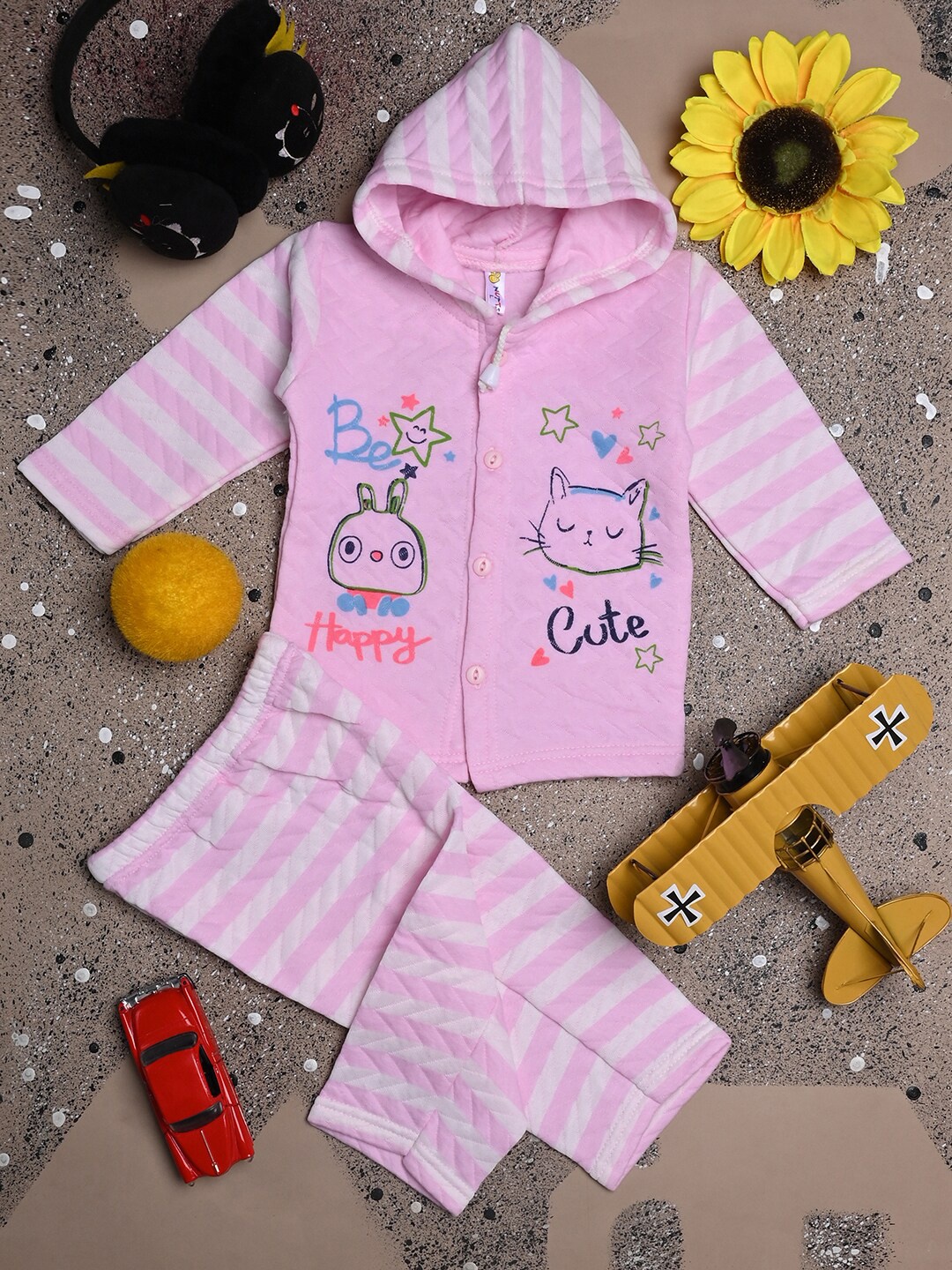 

V-Mart Infant Kids Graphic Printed Hooded Pure Cotton T-shirt With Trousers, Pink