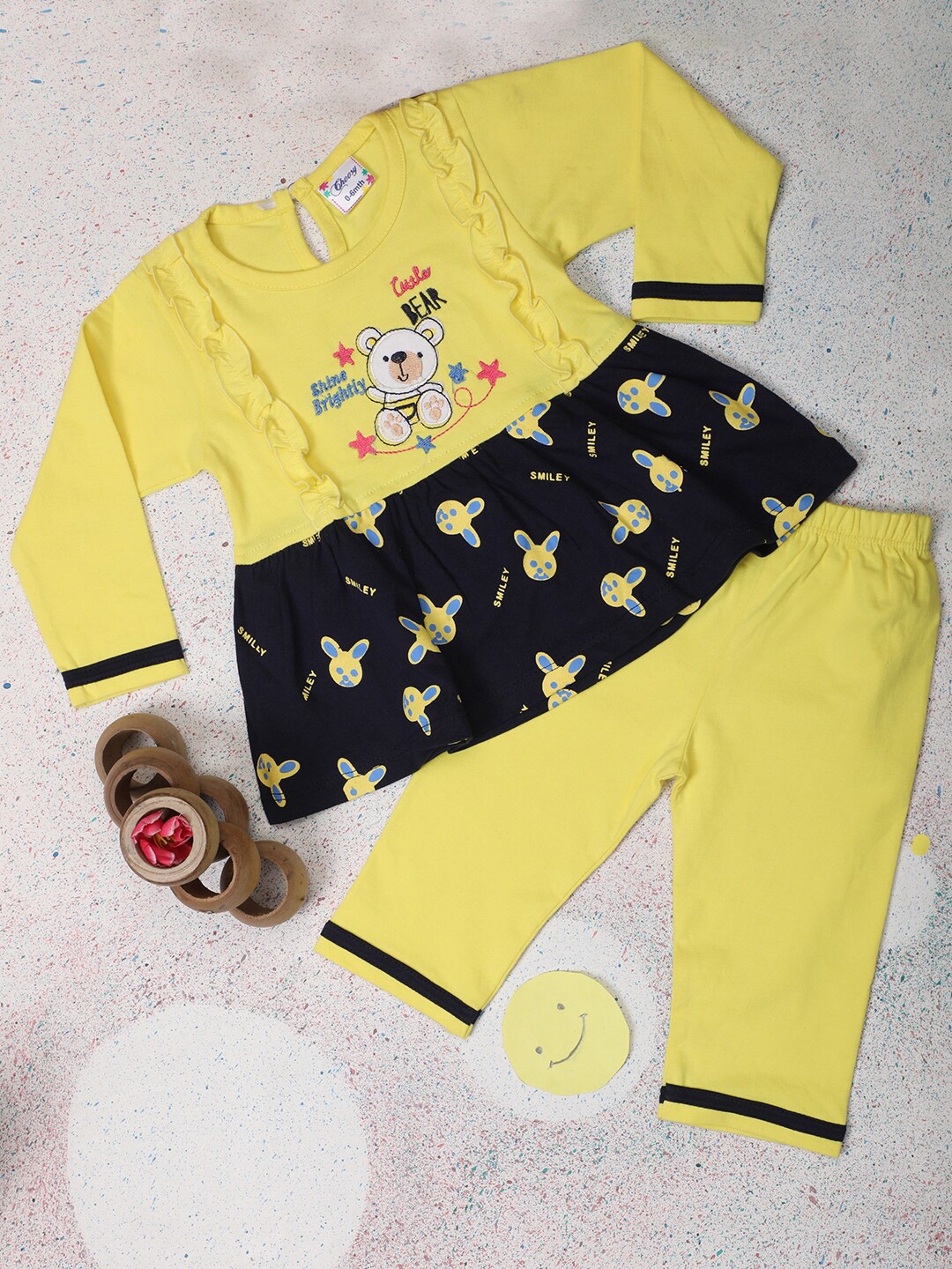 

V-Mart Infant Girls Graphic Printed Top With Trousers, Yellow