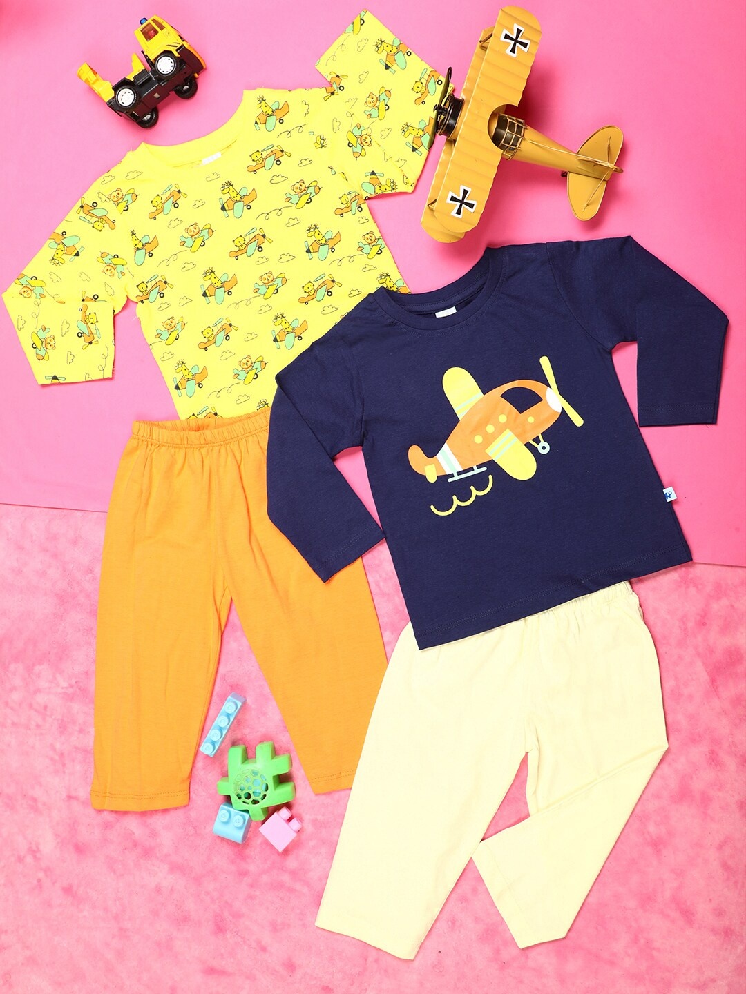 

V-Mart Infants Pack Of 2 Printed Pure Cotton T-Shirt With Pyjamas, Yellow