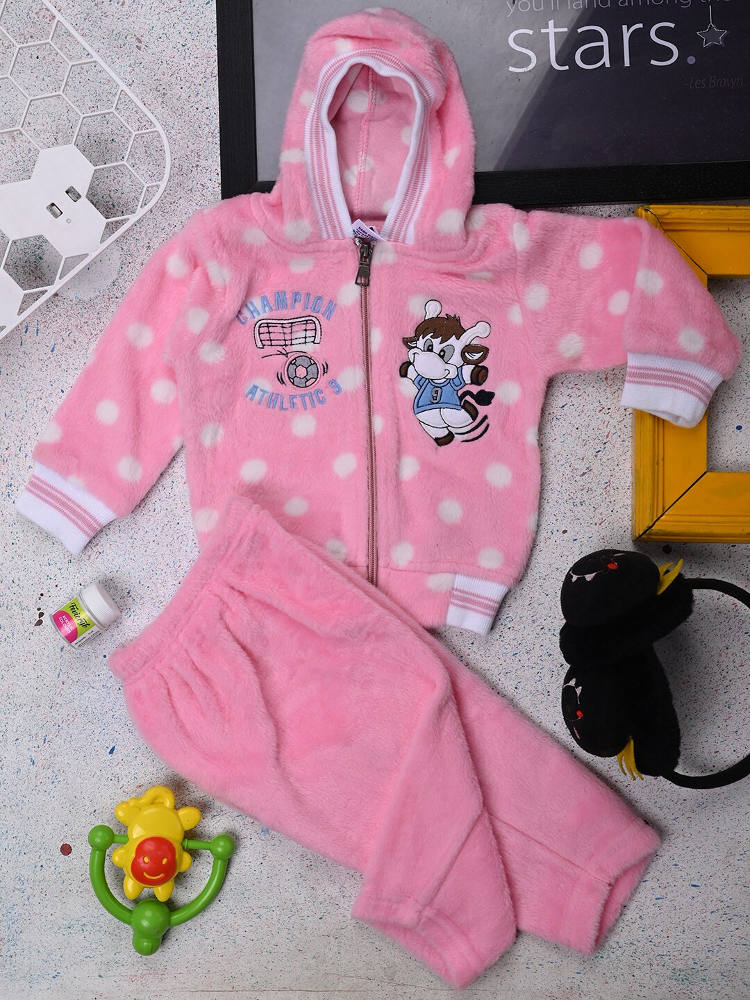 

V-Mart Infants Printed Hooded Pure Cotton Top with Trousers, Pink