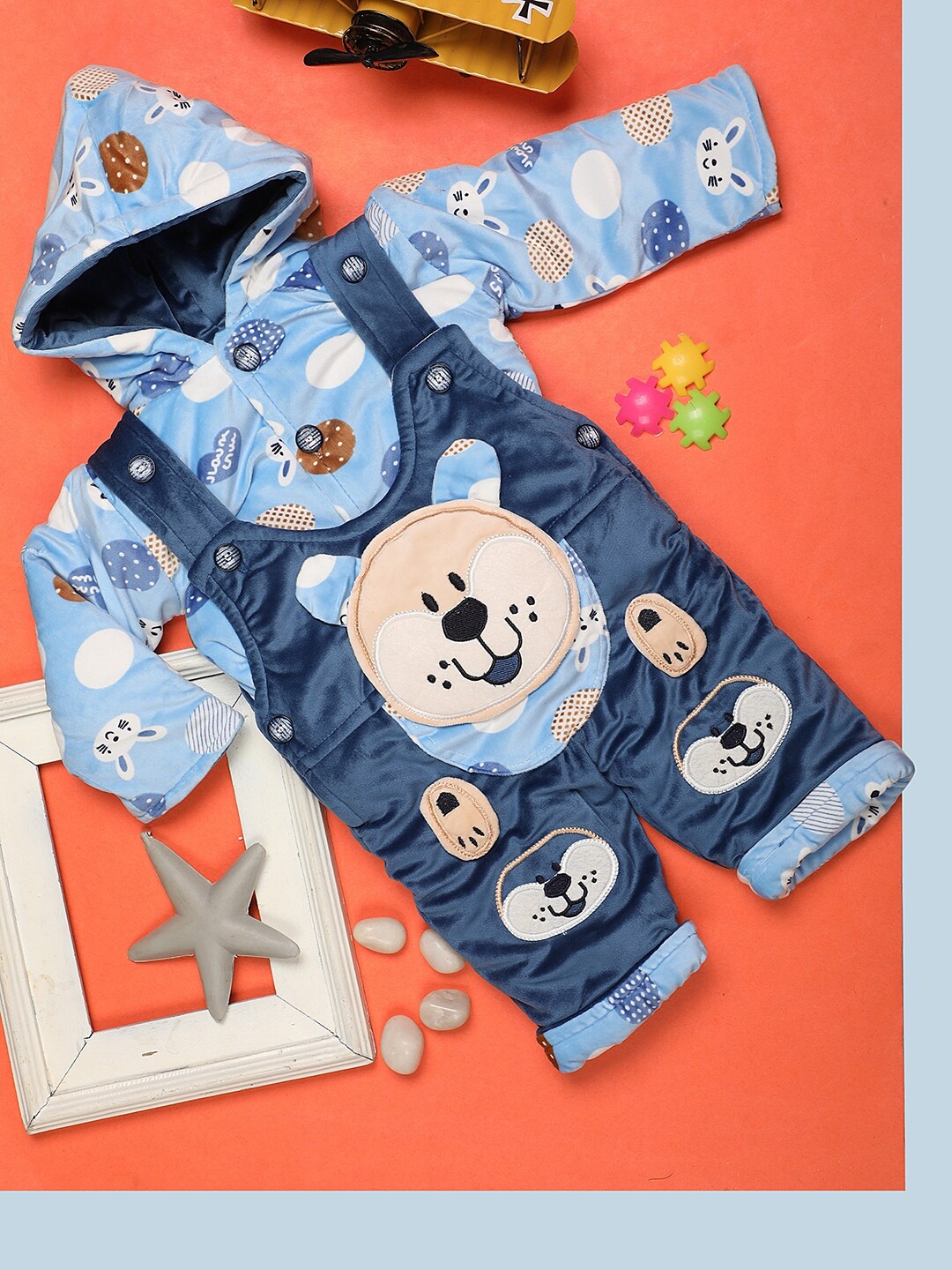 

V-Mart Infant Printed Cotton Hooded Neck Dungaree Set, Blue