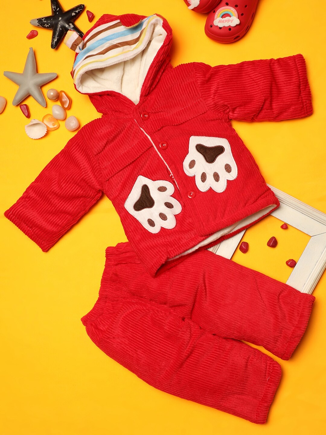 

V-Mart Infants Printed Hooded Velvet Coat with Pyjamas, Red