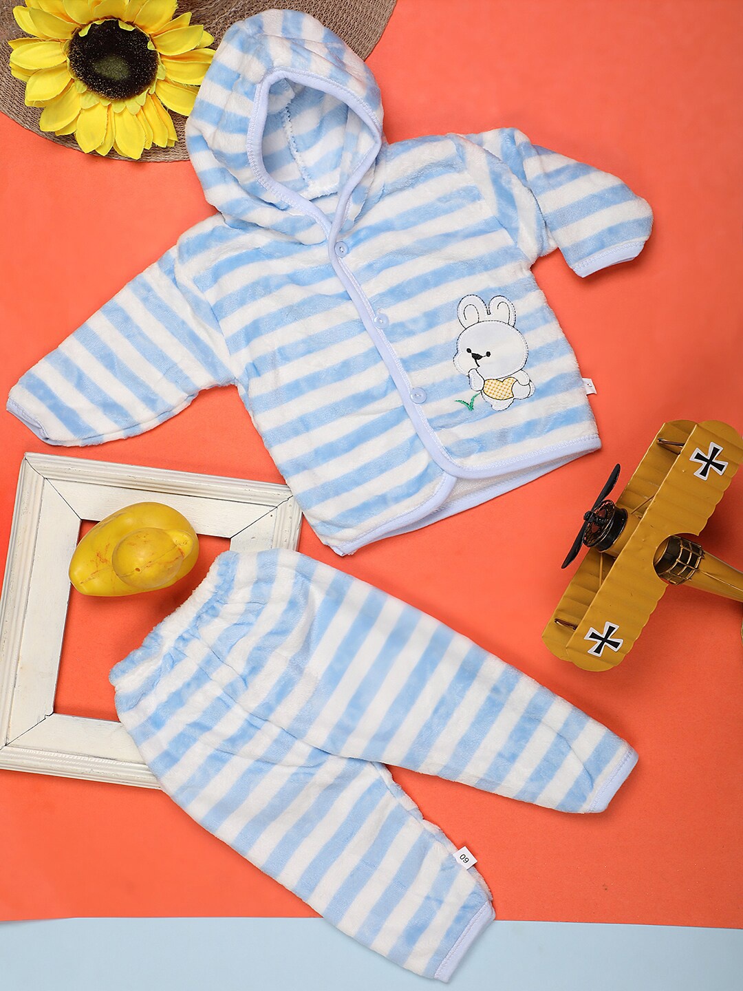 

V-Mart Infants Striped Hooded Pure Cotton T-shirt with Trousers, Blue