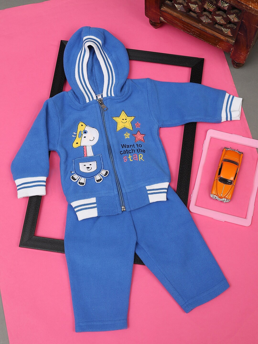 

V-Mart Infants Printed Fleece Hooded T-Shirt With Trousers, Blue