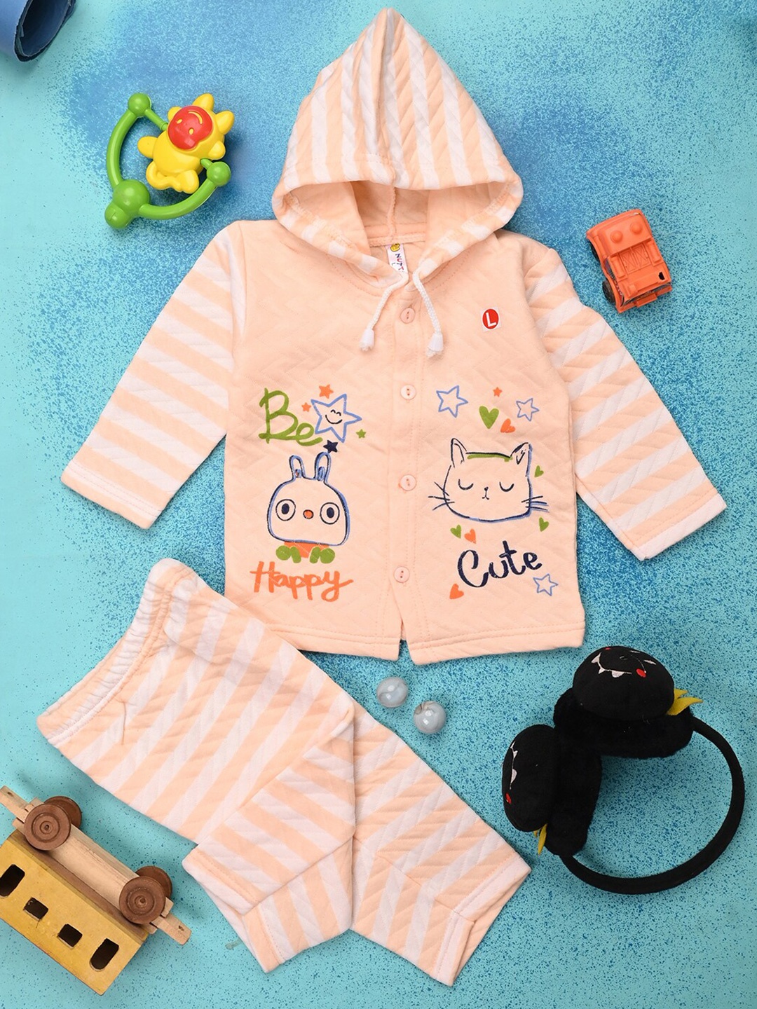 

V-Mart Infants Printed Hooded Pure Cotton T-Shirt With Pyjamas, Pink