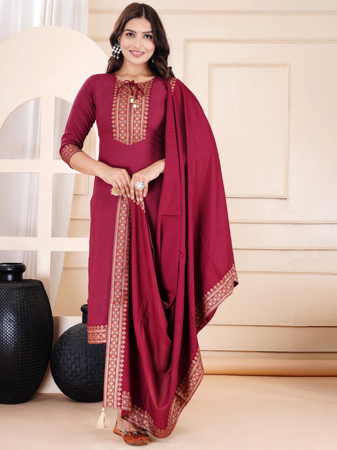 

KALINI Ethnic Motifs Yoke Design Kurta With Trousers & Dupatta, Burgundy