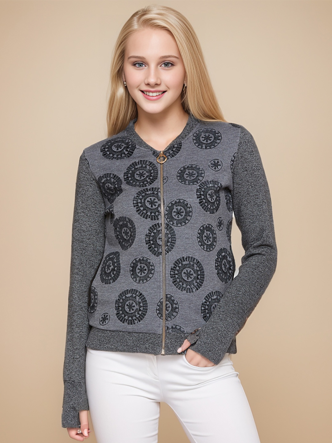 

RARE Black & Grey Printed Mandarin Collar Cotton Sweatshirt