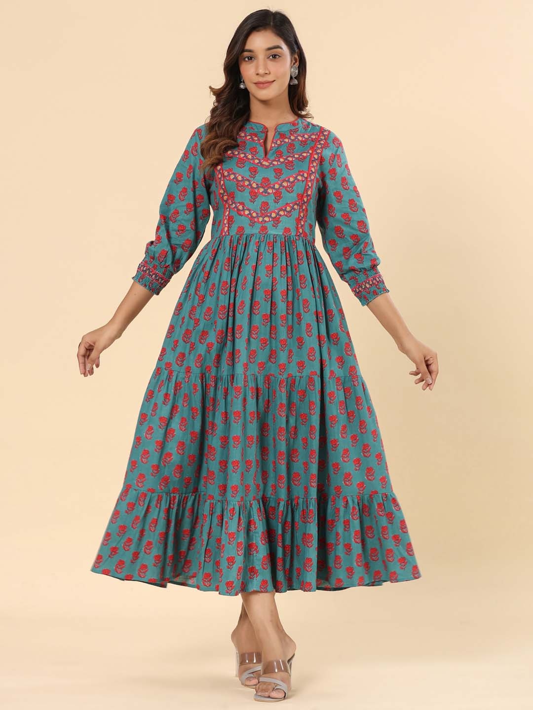 

SAVI Floral Printed Cotton A Line Dress, Teal
