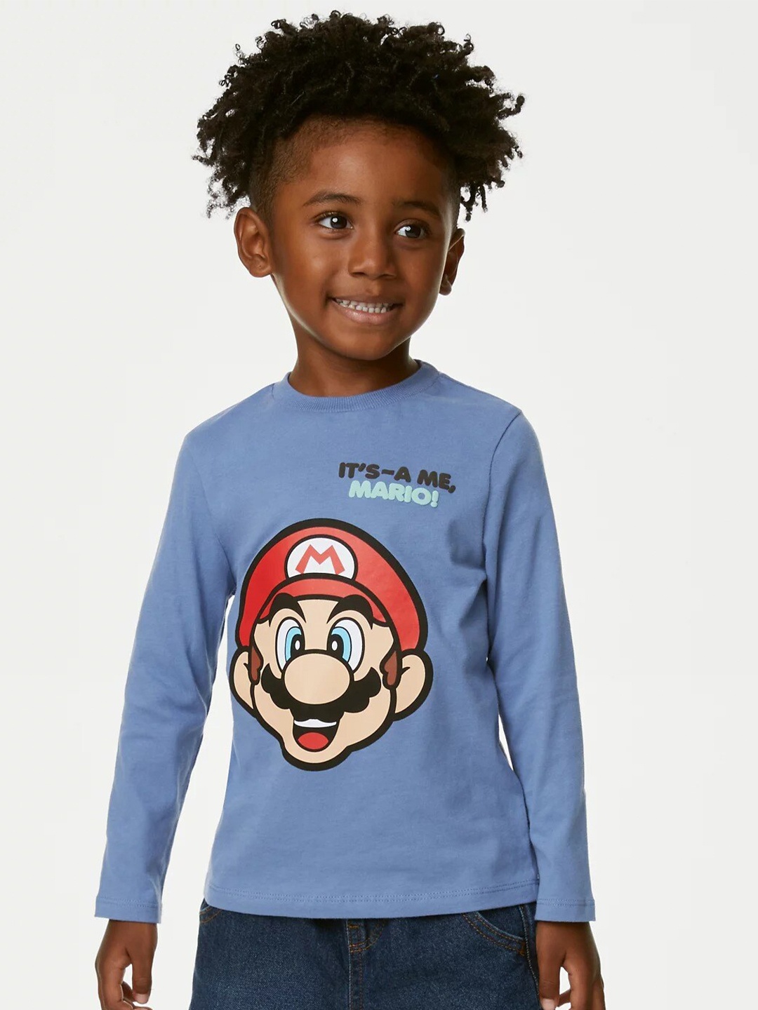 

Marks & Spencer Boys Mario Graphic Printed Long Sleeves Pure Cotton T-shirt, Blue