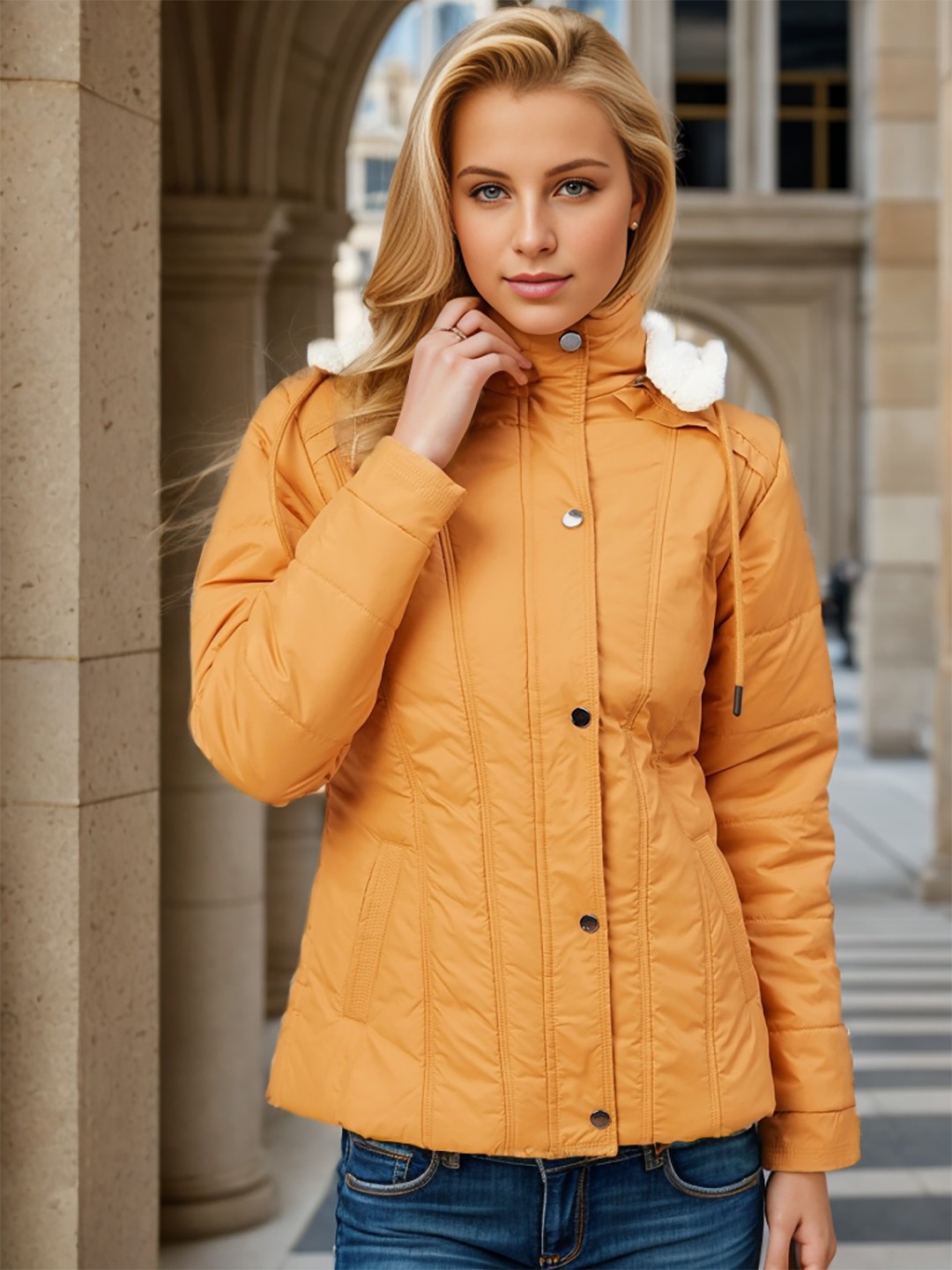 

Carlton London Hooded Neck Long Sleeve Lightweight Puffer Jacket, Mustard