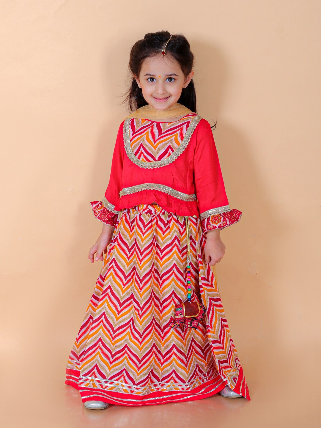

BAESD Girls Red & Yellow Girls Leheriya Foil Printed Ready to Wear Lehenga Choli