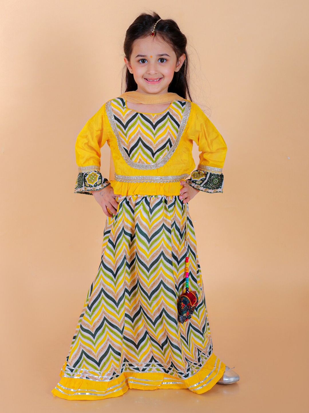 

BAESD Girls Red & Yellow Girls Leheriya Foil Printed Ready to Wear Lehenga Choli