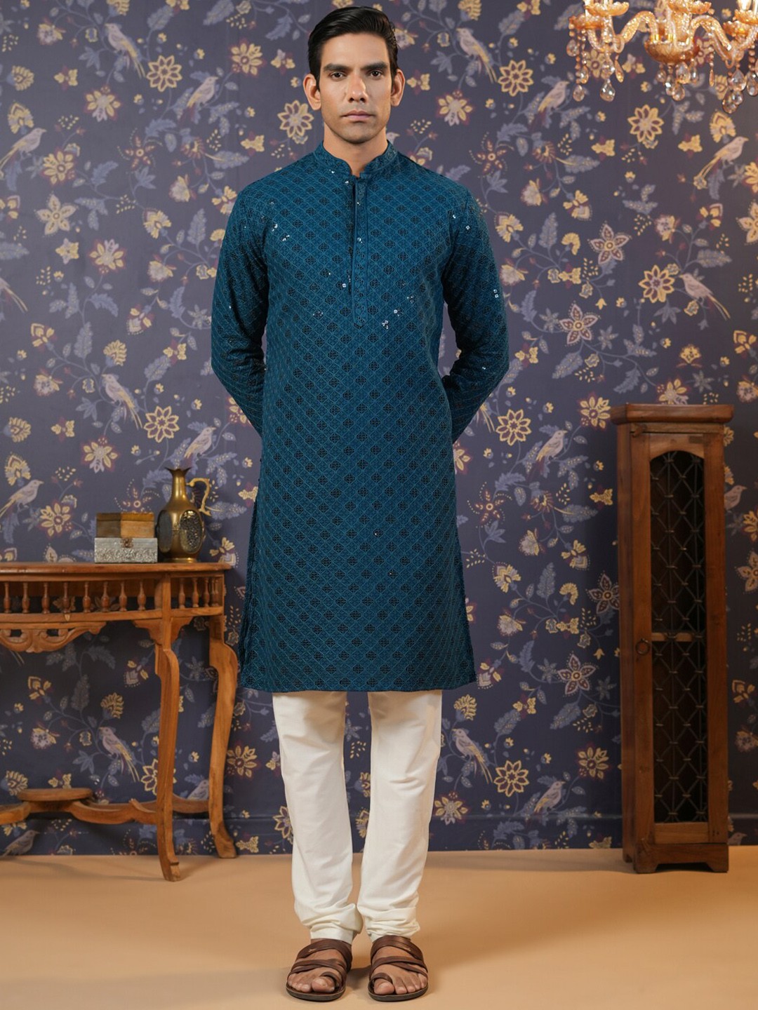 

House of Pataudi Ethnic Motifs Embroidered Sequinned Straight Kurta With Churidar, Turquoise blue