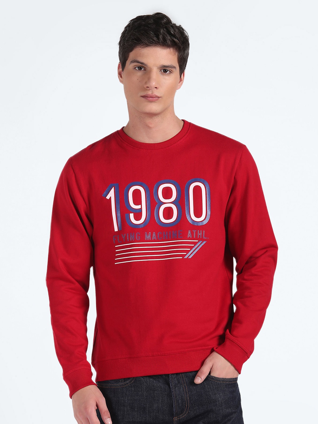 

Flying Machine Typography Printed Pure Cotton Pullover, Red