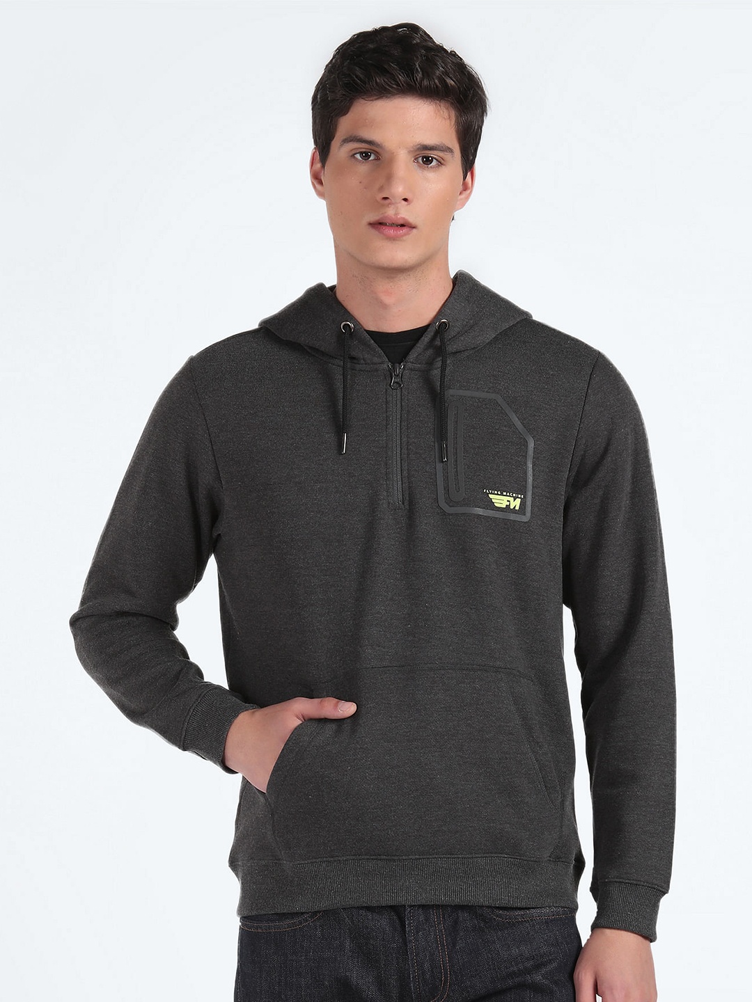 

Flying Machine Hooded Pure Cotton Pullover, Black