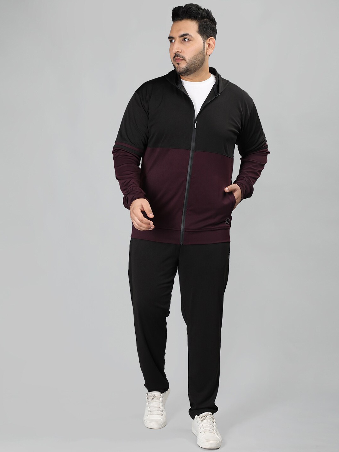 

CHKOKKO Plus Size Colourblocked Hooded Long Sleeves Sports Tracksuit, Black
