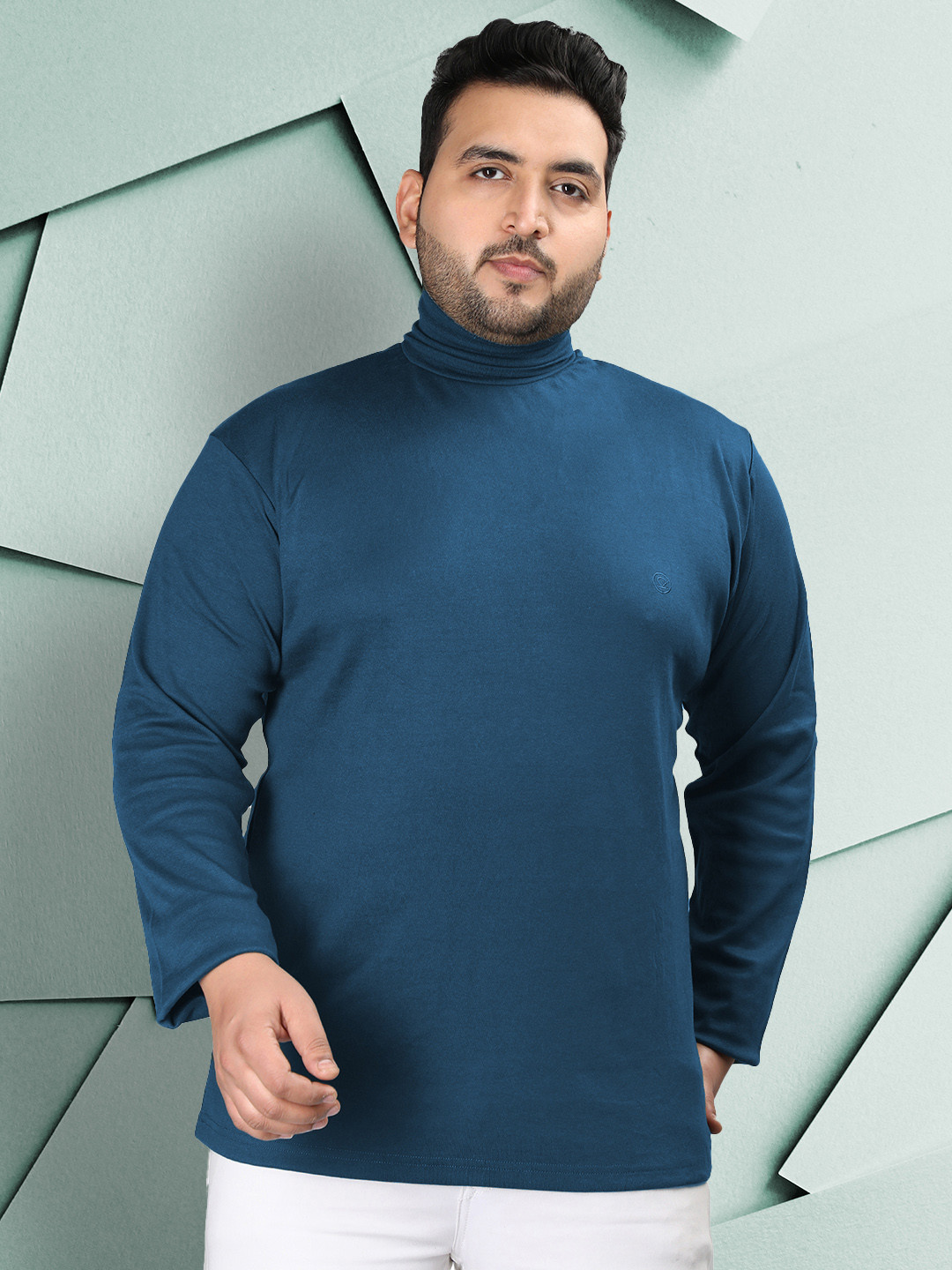 

CHKOKKO Plus Size Turtle Neck Casual T-shirt, Blue