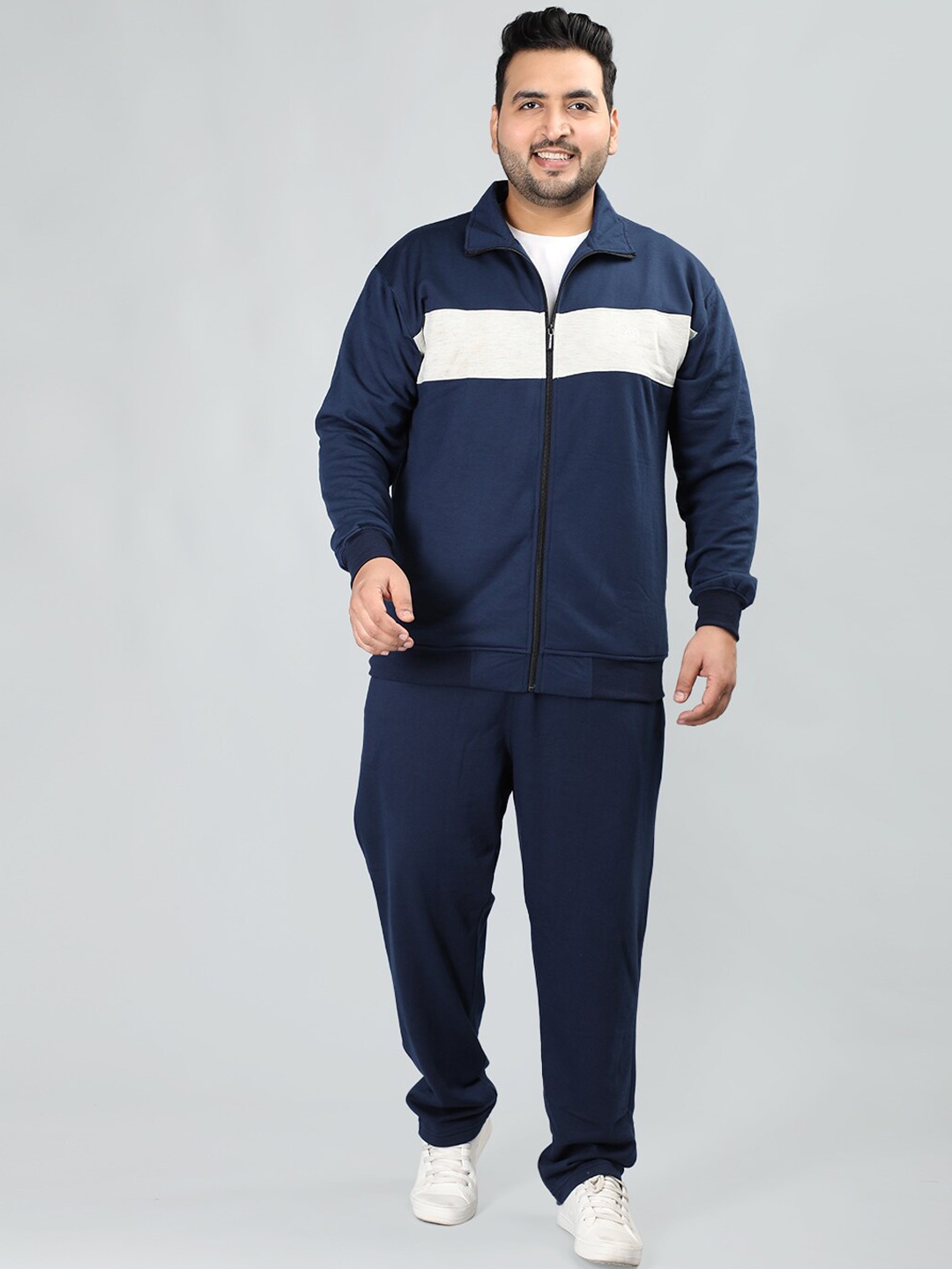 

CHKOKKO Plus Size Colourblocked Mock Collar Long Sleeves Cotton Sports Tracksuit, Navy blue