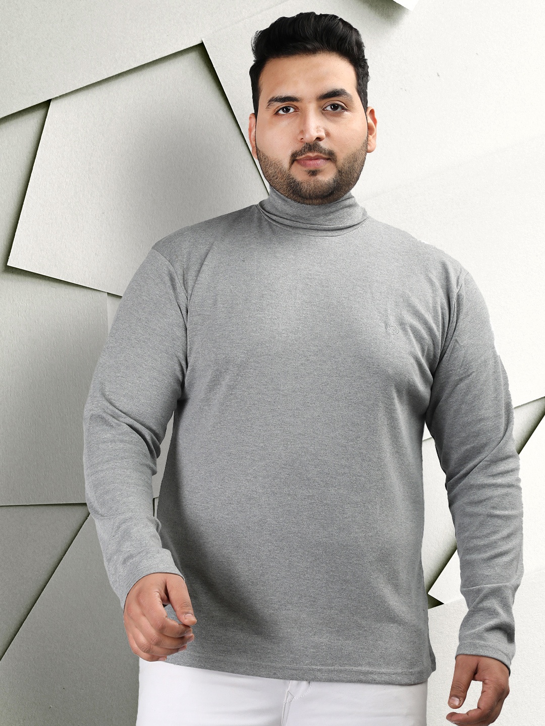 CHKOKKO Plus Size Turtle Neck Casual T-shirt, Grey