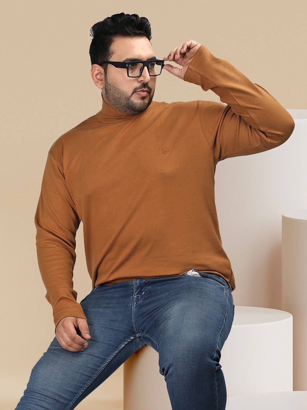 

CHKOKKO Plus Size Turtle Neck Casual T-shirt, Brown